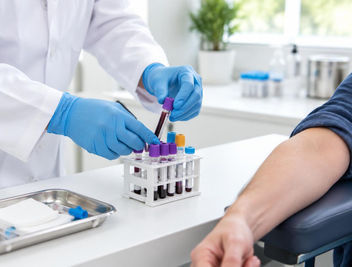 Phlebotomist preparing a rack of capped collection tubes beside a client's arm