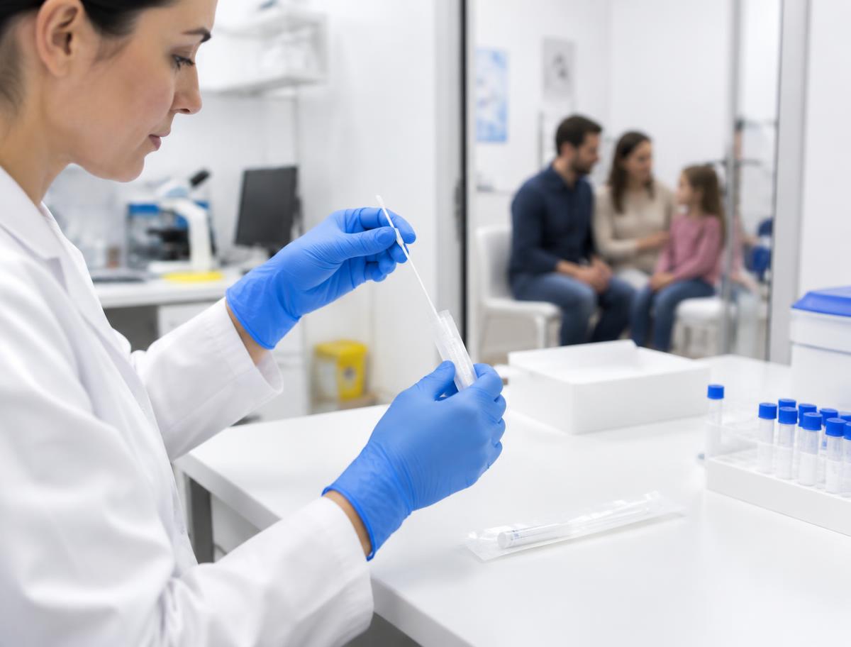 Clinical collection professional preparing a cheek swab collection kit