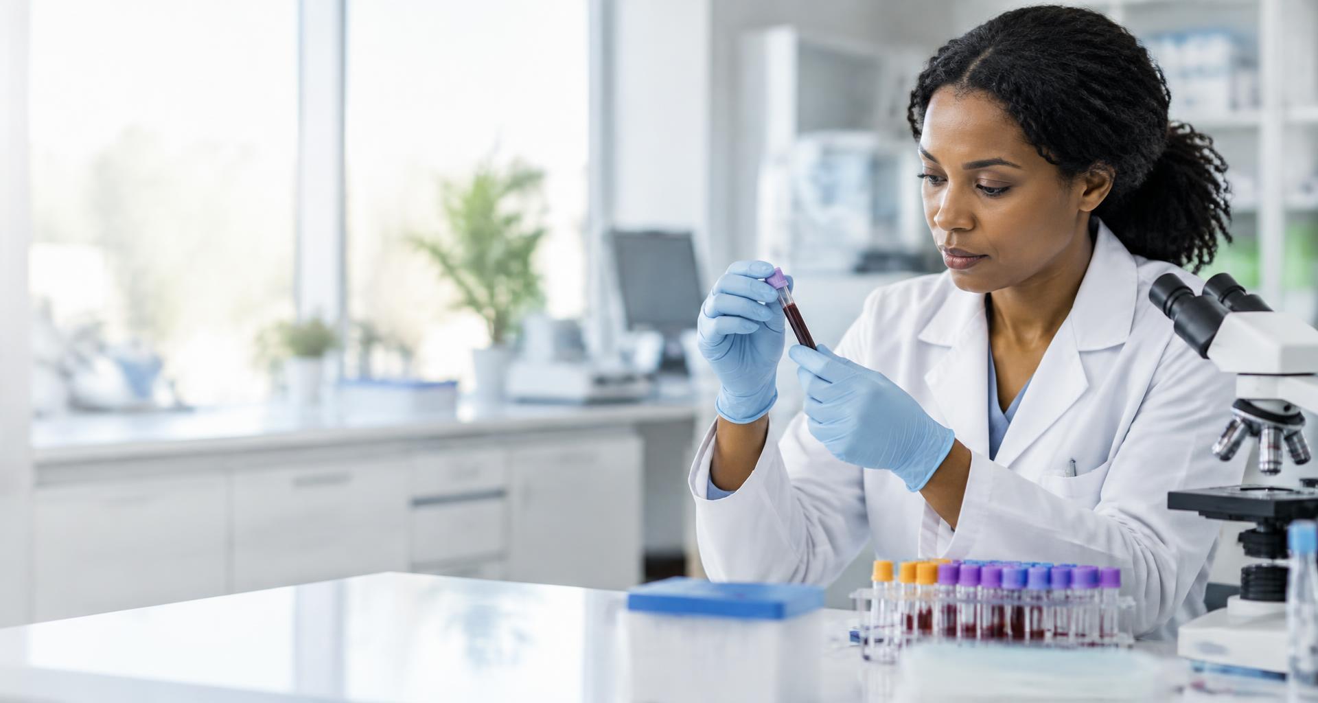 Laboratory professional carefully examining a blood specimen in a clean clinical laboratory