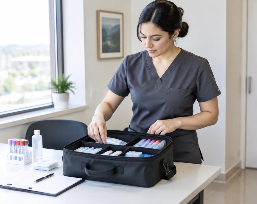 Mobile collection professional preparing a portable specimen collection kit at a workplace