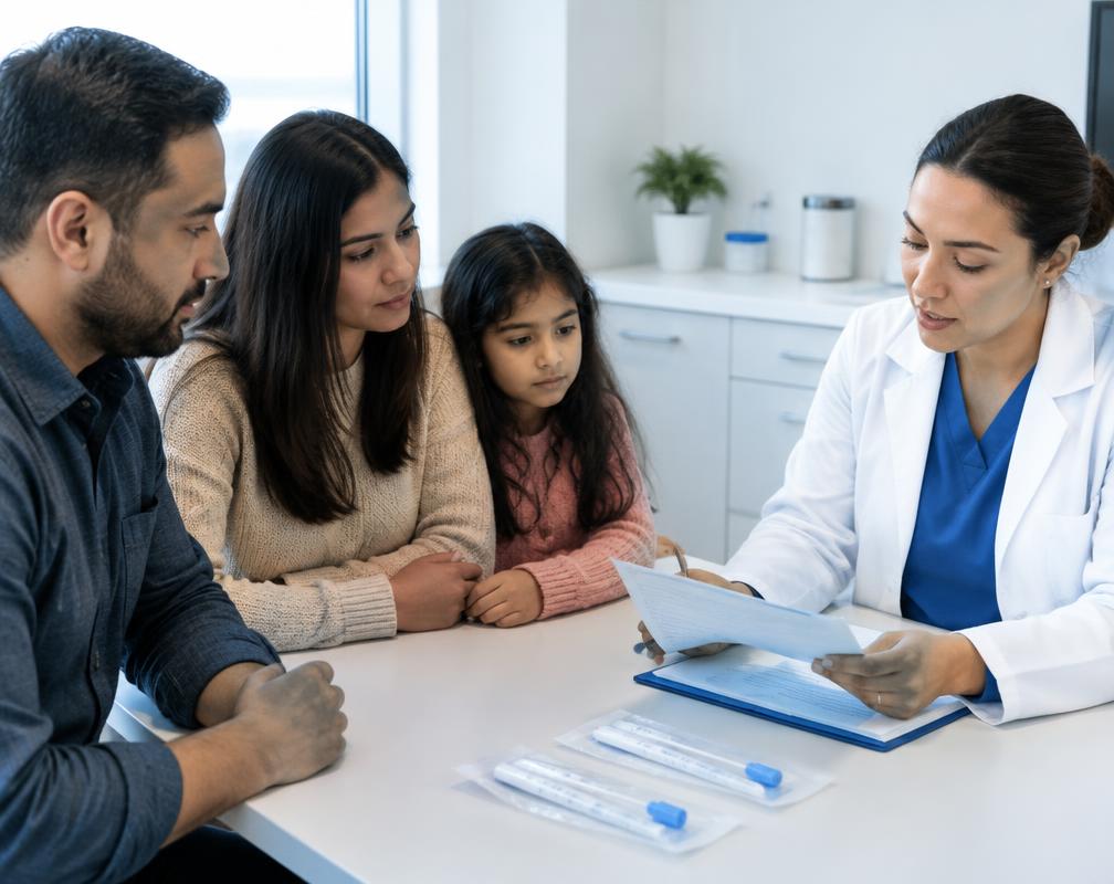 Family discussing identification paperwork for a DNA collection inquiry