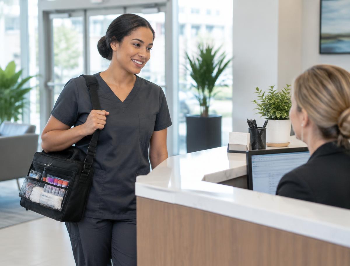 Mobile phlebotomist arriving at a workplace with a portable specimen kit