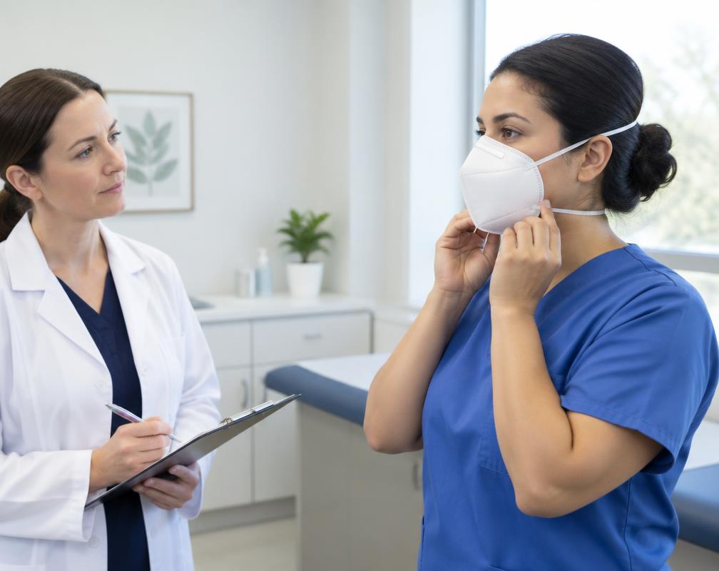 Healthcare worker discussing N95 respirator fit with an occupational health professional