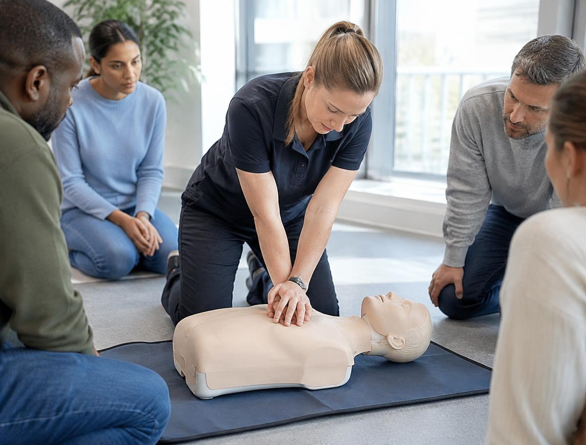 Instructor demonstrating CPR on a training mannequin with a group of adults